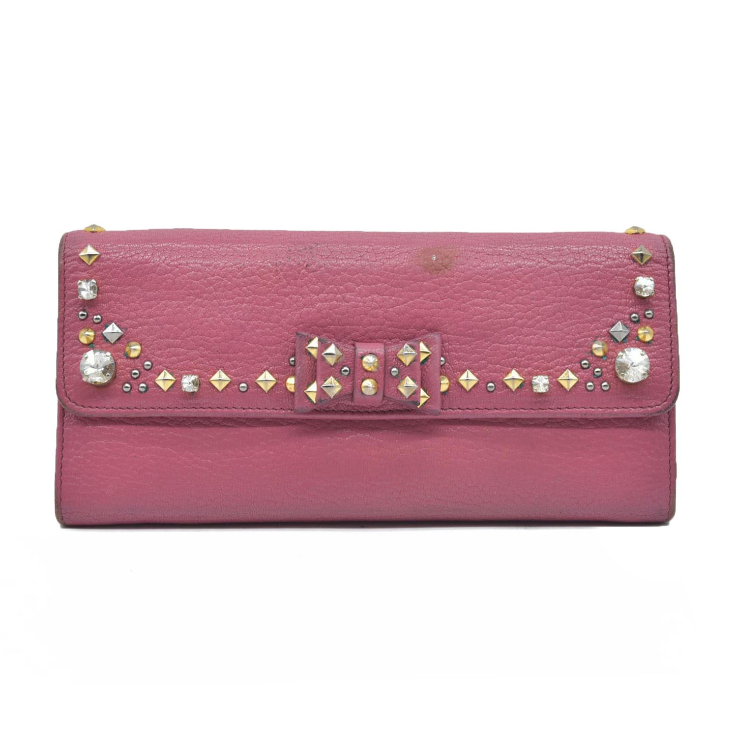 MIU MIU Ribbon Studs Leather Long Bifold Wallet Pink