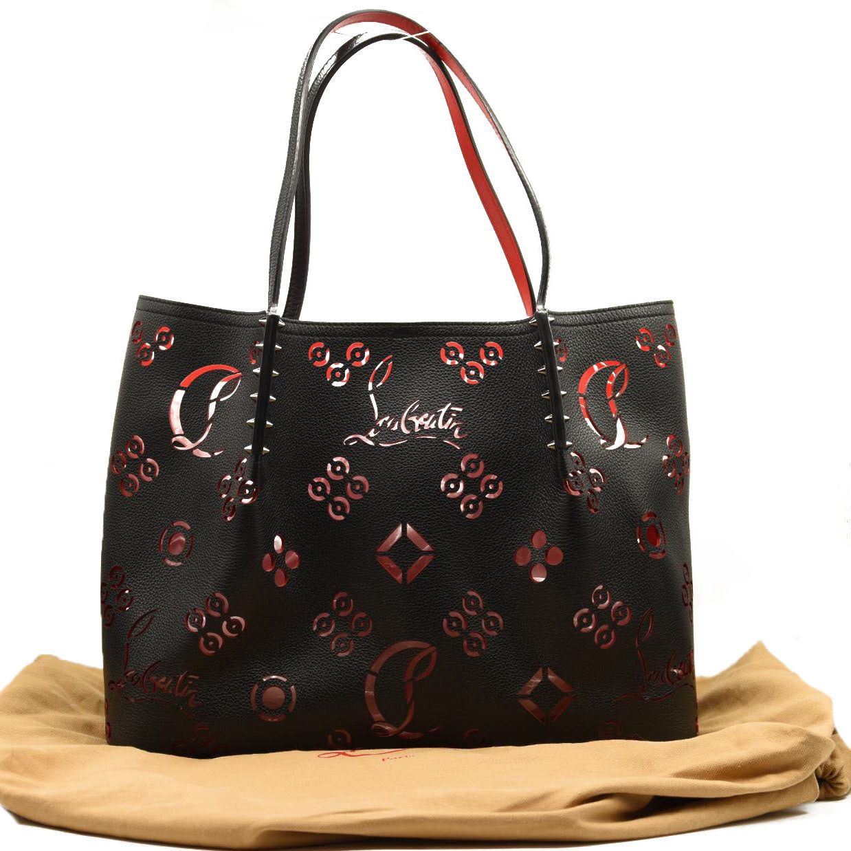 CHRISTIAN LOUBOUTIN Calfskin Loubinthesky Large Perforated Cabarock Spikes Tote Black