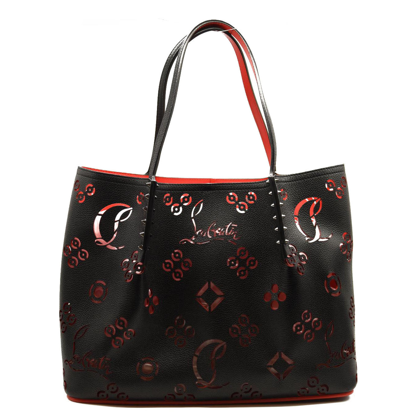 CHRISTIAN LOUBOUTIN Calfskin Loubinthesky Large Perforated Cabarock Spikes Tote Black