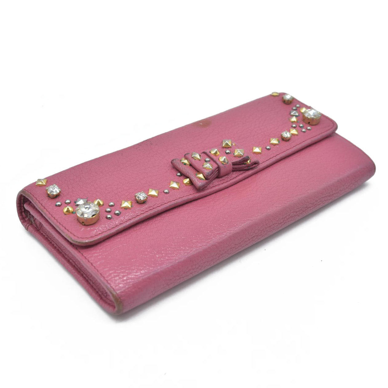 MIU MIU Ribbon Studs Leather Long Bifold Wallet Pink