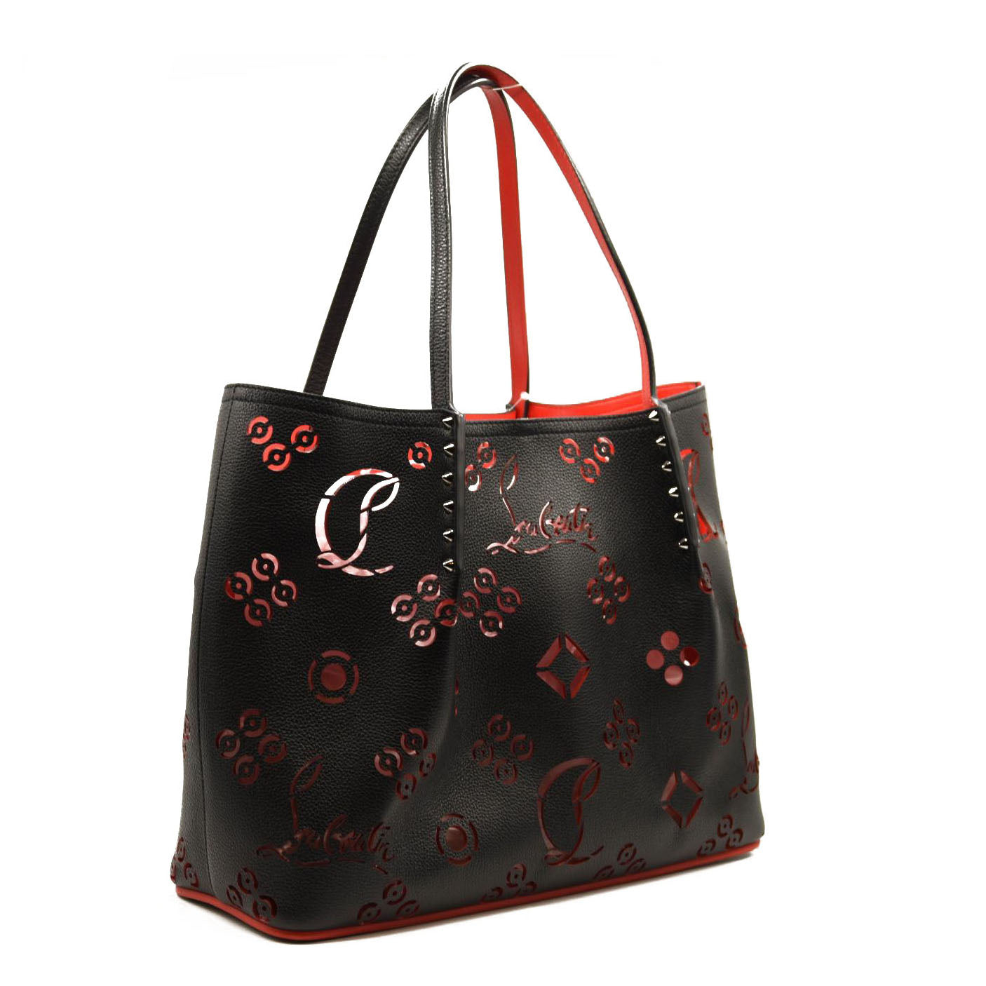 CHRISTIAN LOUBOUTIN Calfskin Loubinthesky Large Perforated Cabarock Spikes Tote Black
