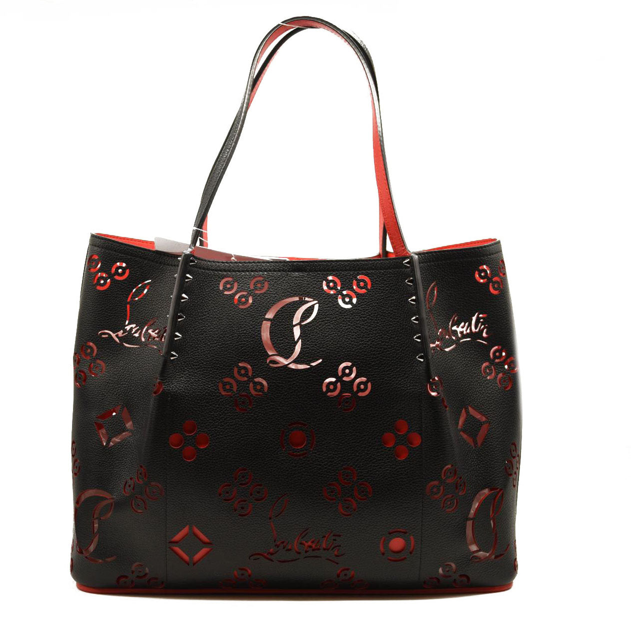 CHRISTIAN LOUBOUTIN Calfskin Loubinthesky Large Perforated Cabarock Spikes Tote Black