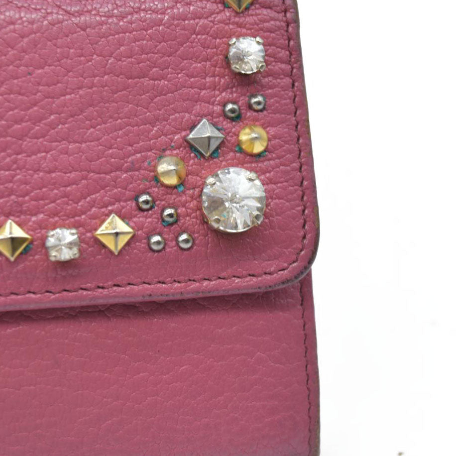 MIU MIU Ribbon Studs Leather Long Bifold Wallet Pink