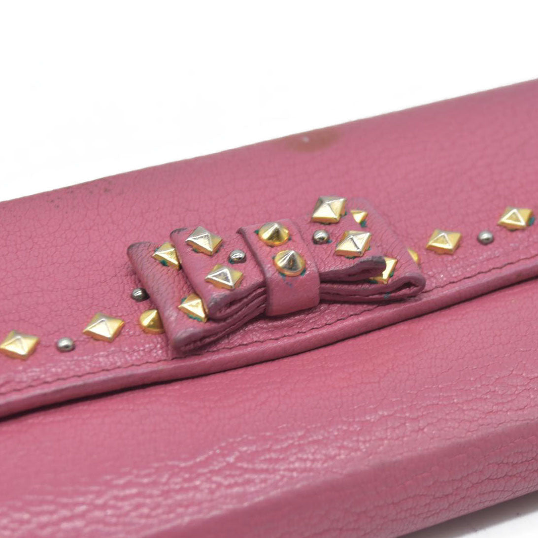 MIU MIU Ribbon Studs Leather Long Bifold Wallet Pink