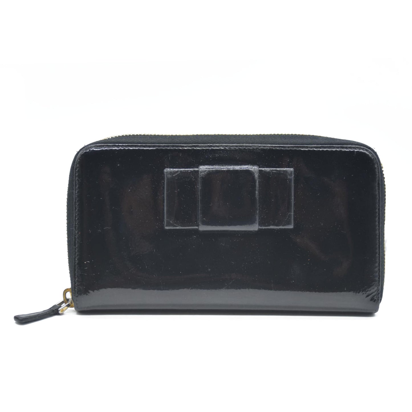 MIU MIU Logo Ribbon Patent Leather Zip Around Long Wallet Black