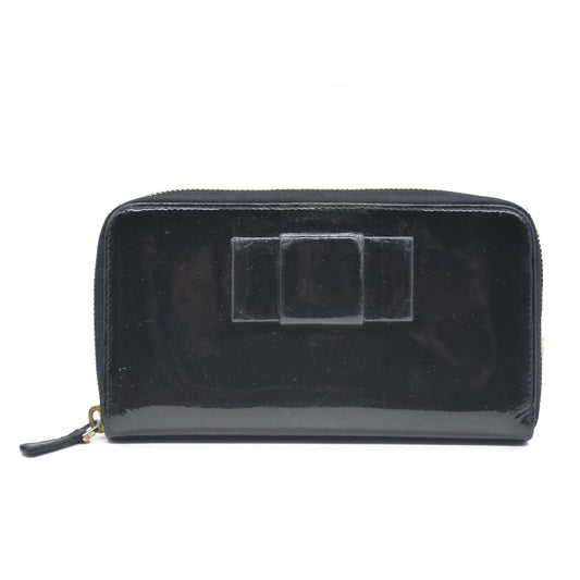 MIU MIU Logo Ribbon Patent Leather Zip Around Long Wallet Black
