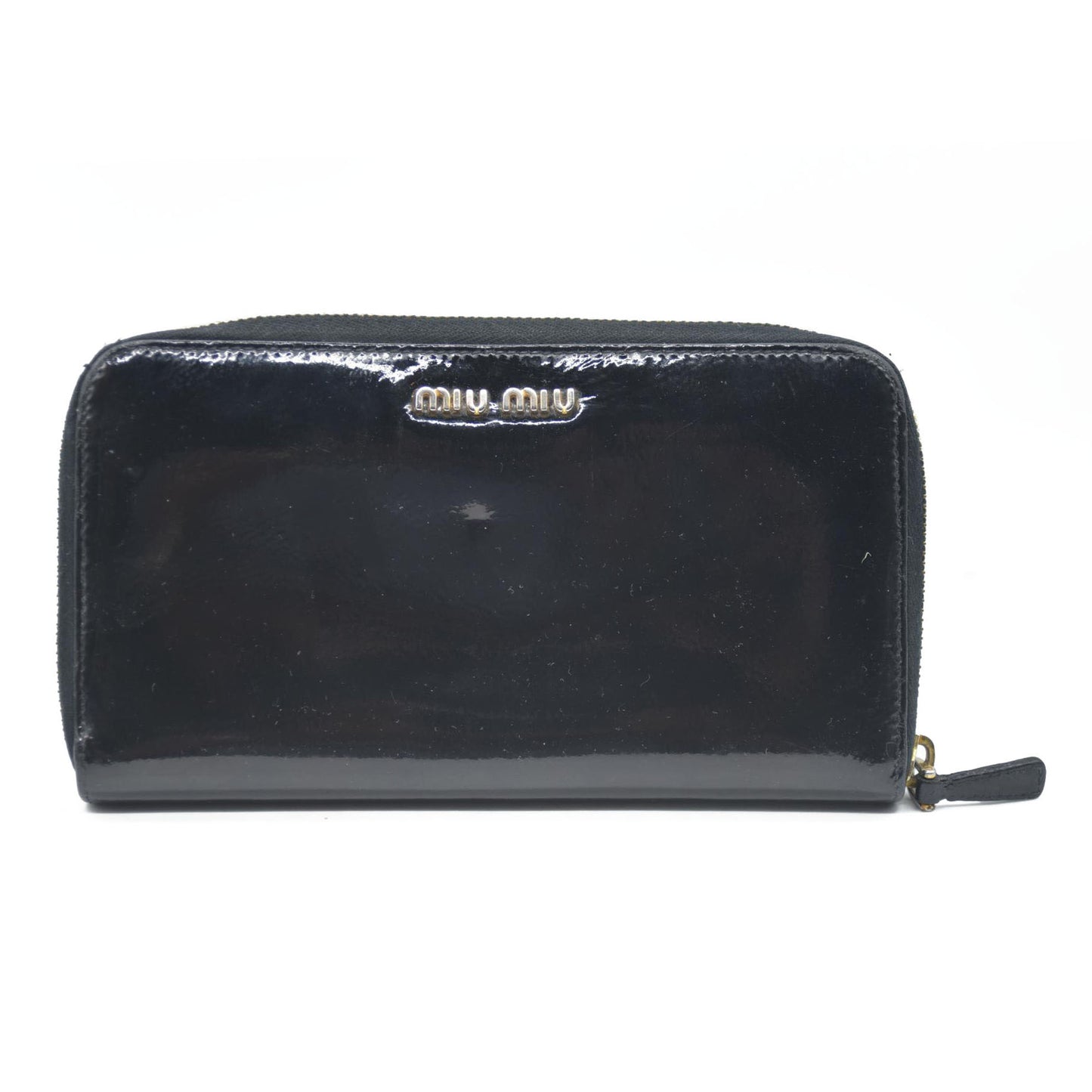 MIU MIU Logo Ribbon Patent Leather Zip Around Long Wallet Black