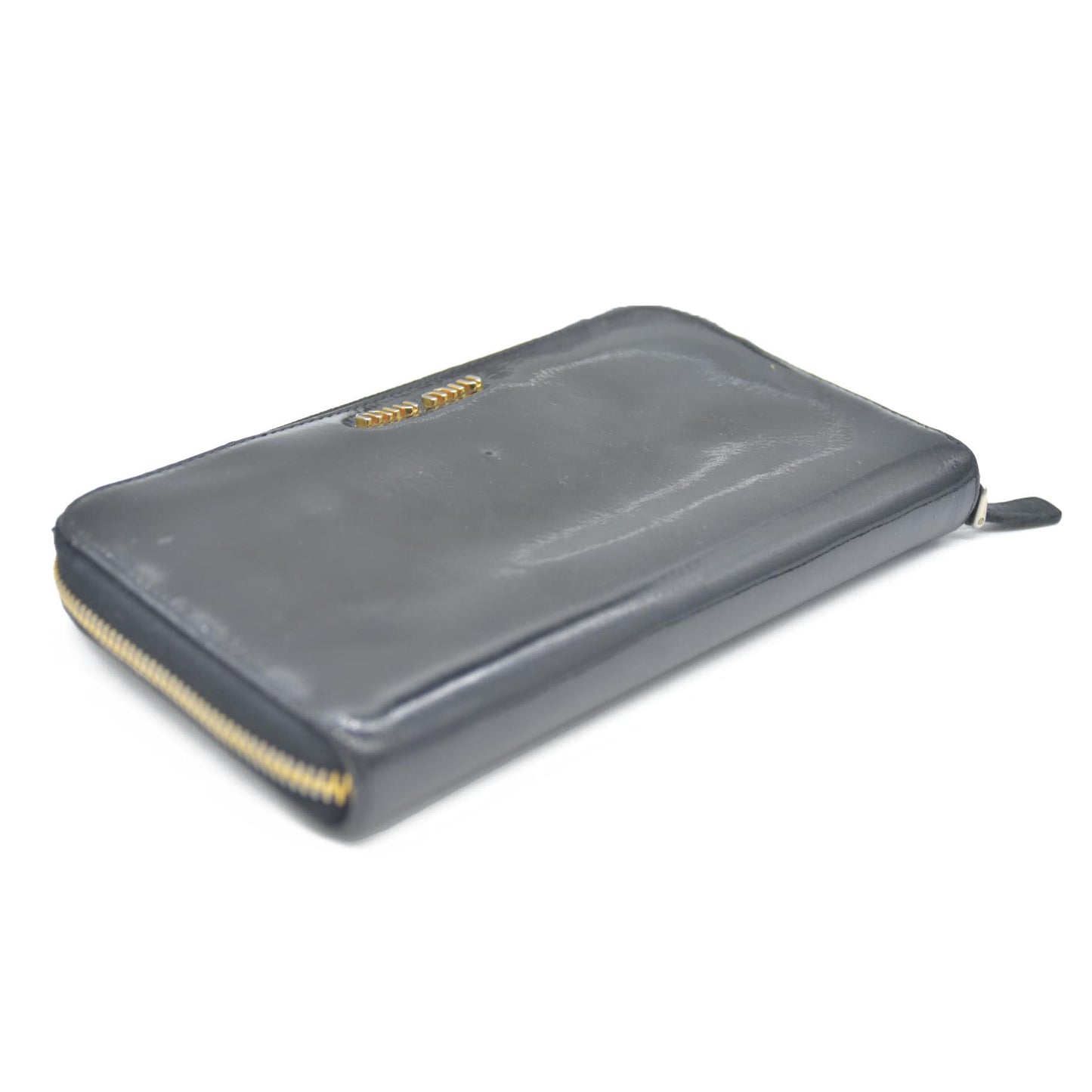 MIU MIU Logo Ribbon Patent Leather Zip Around Long Wallet Black