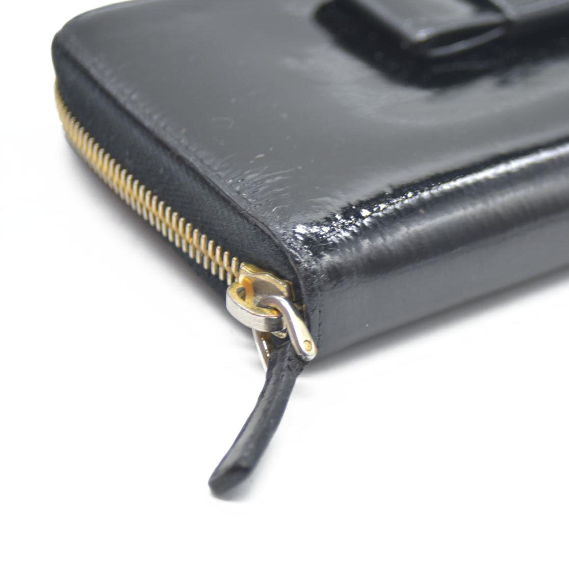 MIU MIU Logo Ribbon Patent Leather Zip Around Long Wallet Black