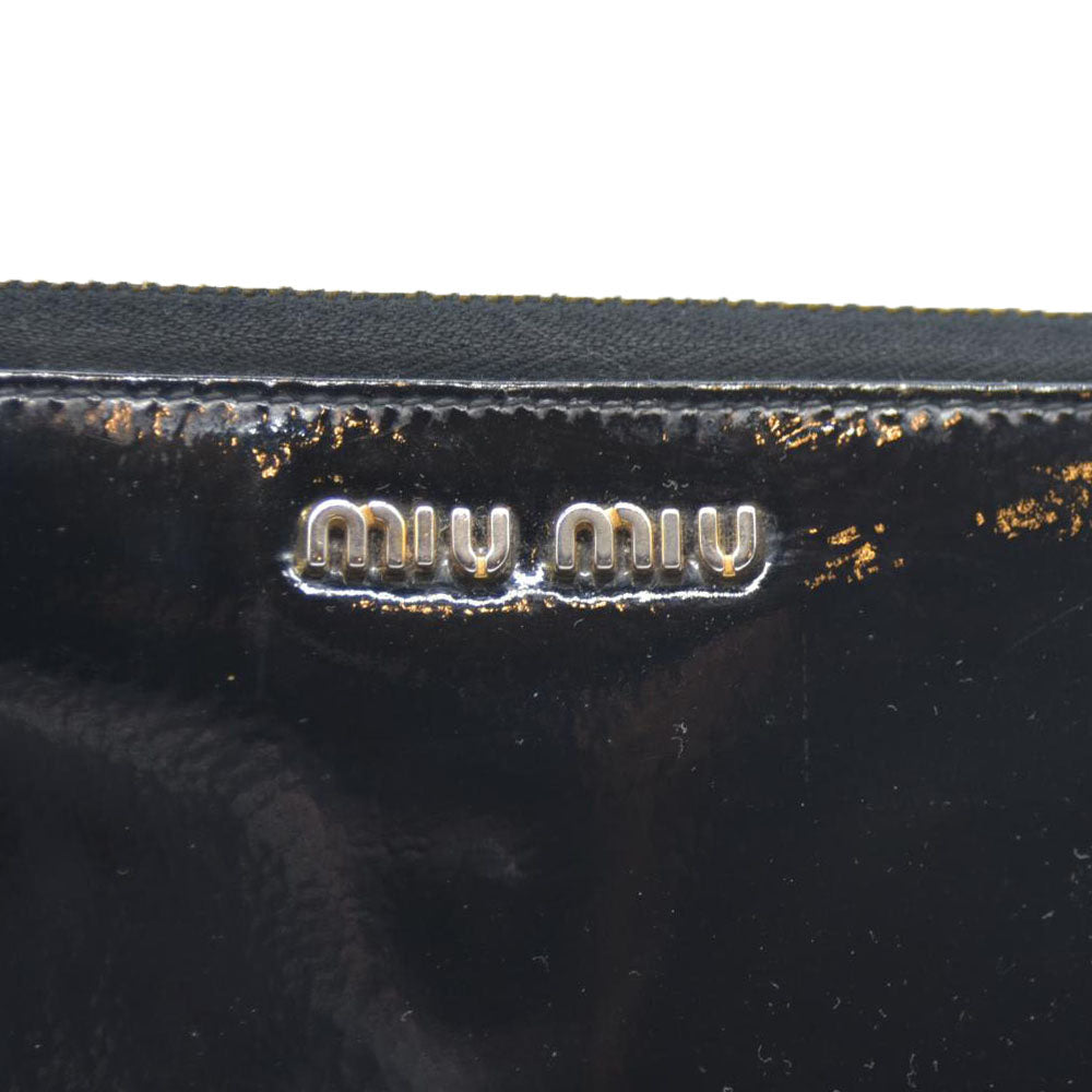 MIU MIU Logo Ribbon Patent Leather Zip Around Long Wallet Black