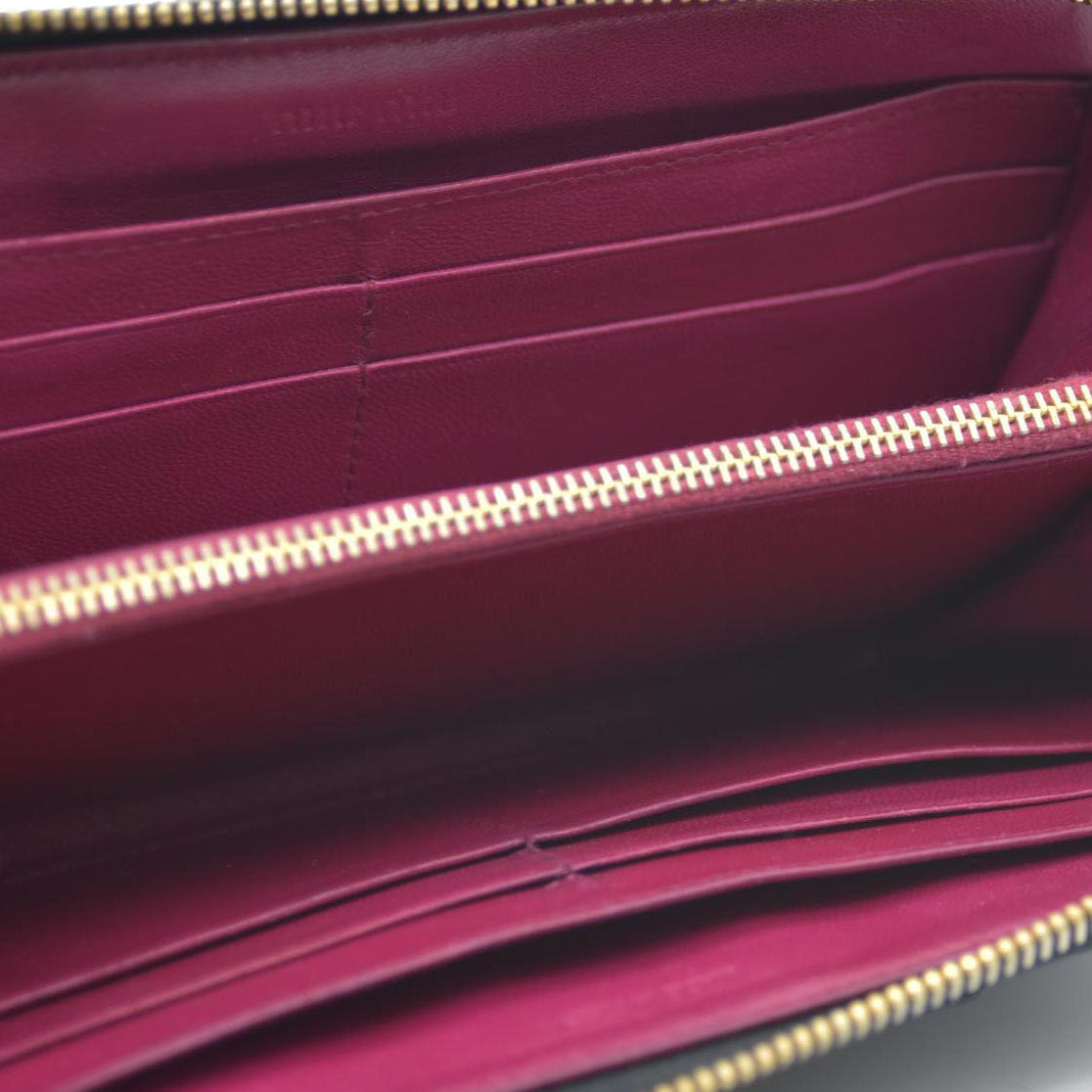 MIU MIU Logo Ribbon Patent Leather Zip Around Long Wallet Black