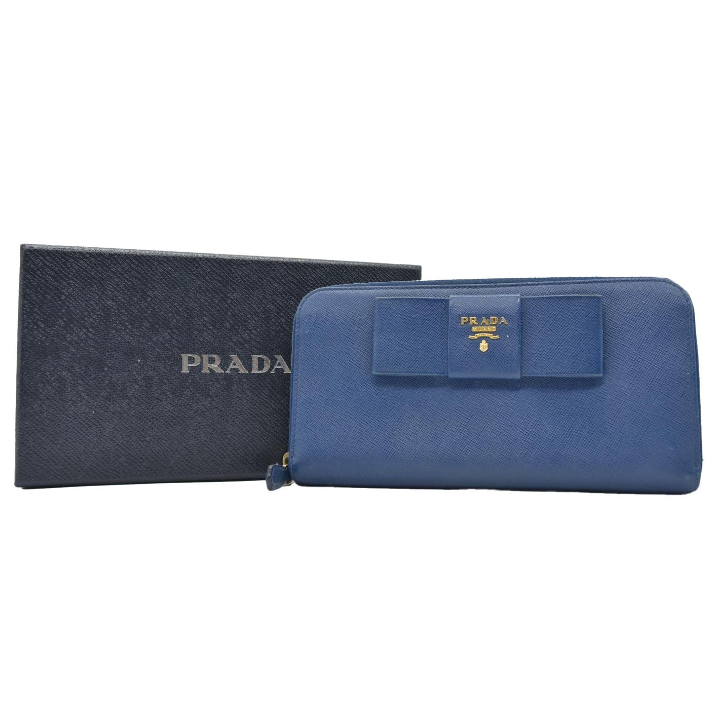 $975 PRADA Saffiano Bow Wallet Blue Zip Around Wallet CONSIGNMENT