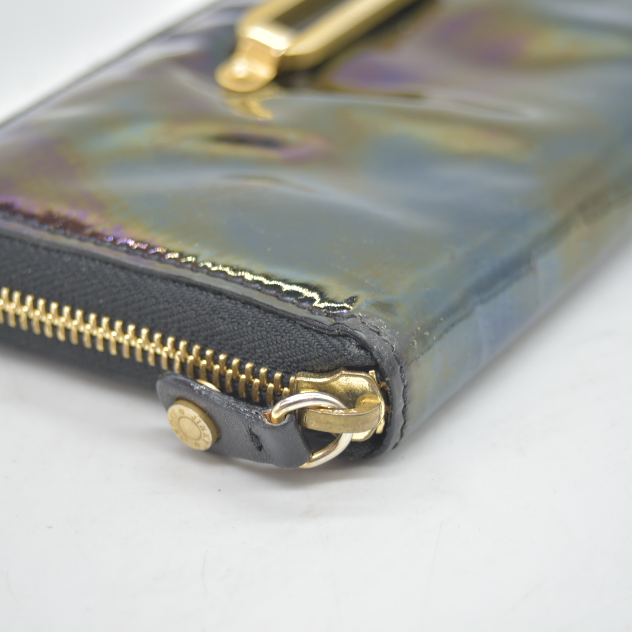 $595 Jimmy Choo CONSIGNMENT Wallet Black Zip Around Petrol Patent