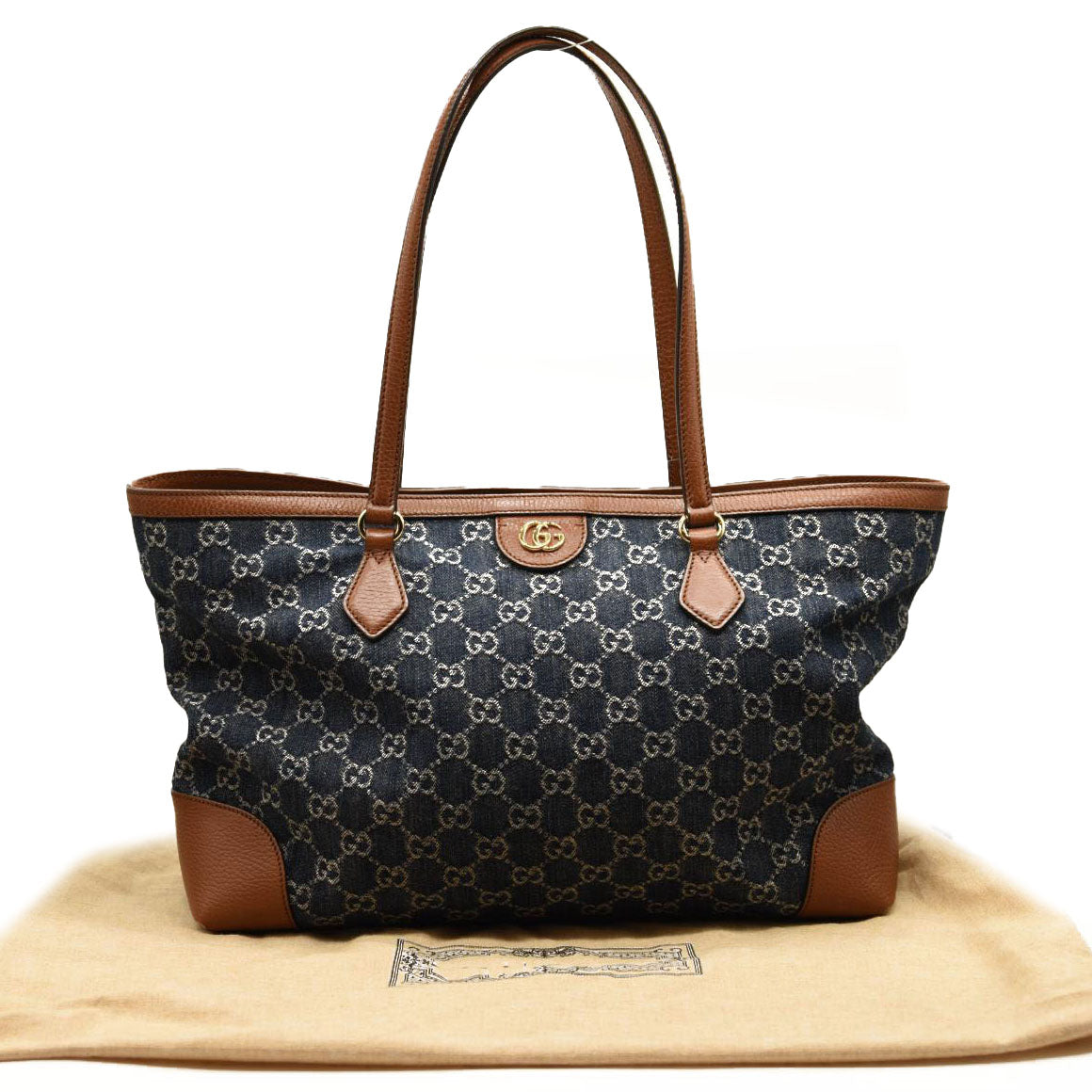 GUCCI New Denim GG Monogram Medium Ophidia Shopping Tote Blue Tea Cuir