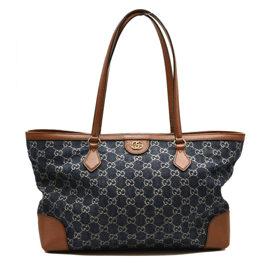 GUCCI New Denim GG Monogram Medium Ophidia Shopping Tote Blue Tea Cuir