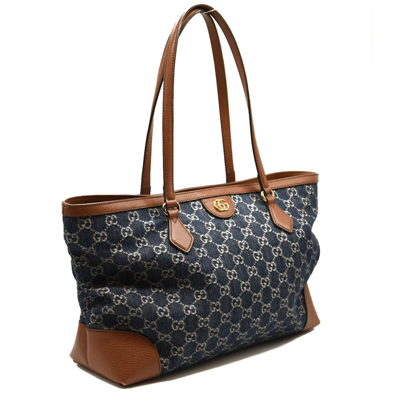 GUCCI New Denim GG Monogram Medium Ophidia Shopping Tote Blue Tea Cuir