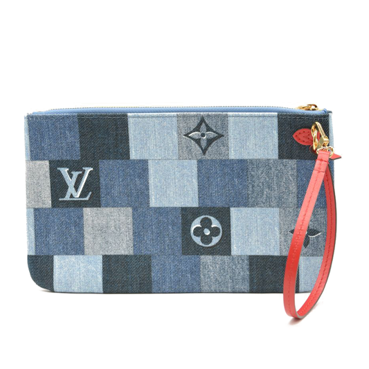 Louis Vuitton Denim Damier Monogram Patchwork Neverfull MM Pochette Blue Rouge