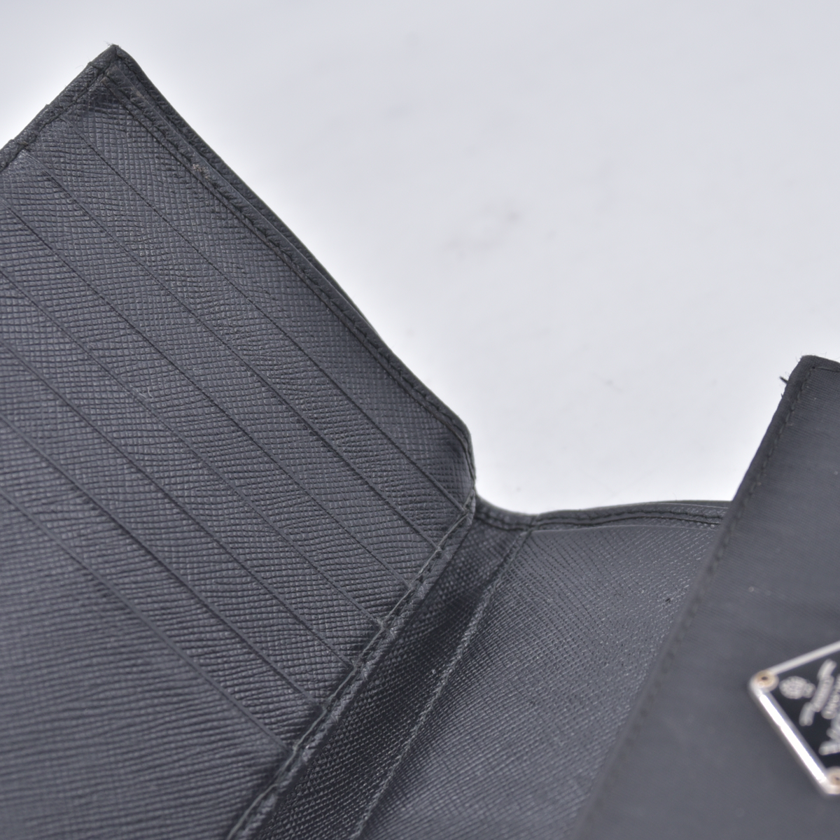 $775 PRADA Logo Plate Nylon Trifold Wallet Black 10021030