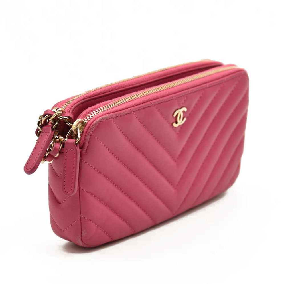 Chanel Lambskin Chevron Quilted Small Clutch With Chain Pink 23*