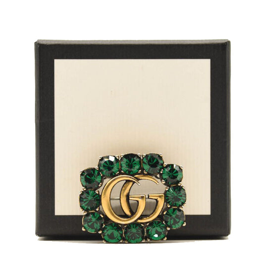 GUCCI Metal Crystal Double G Brooch Aged Gold Green