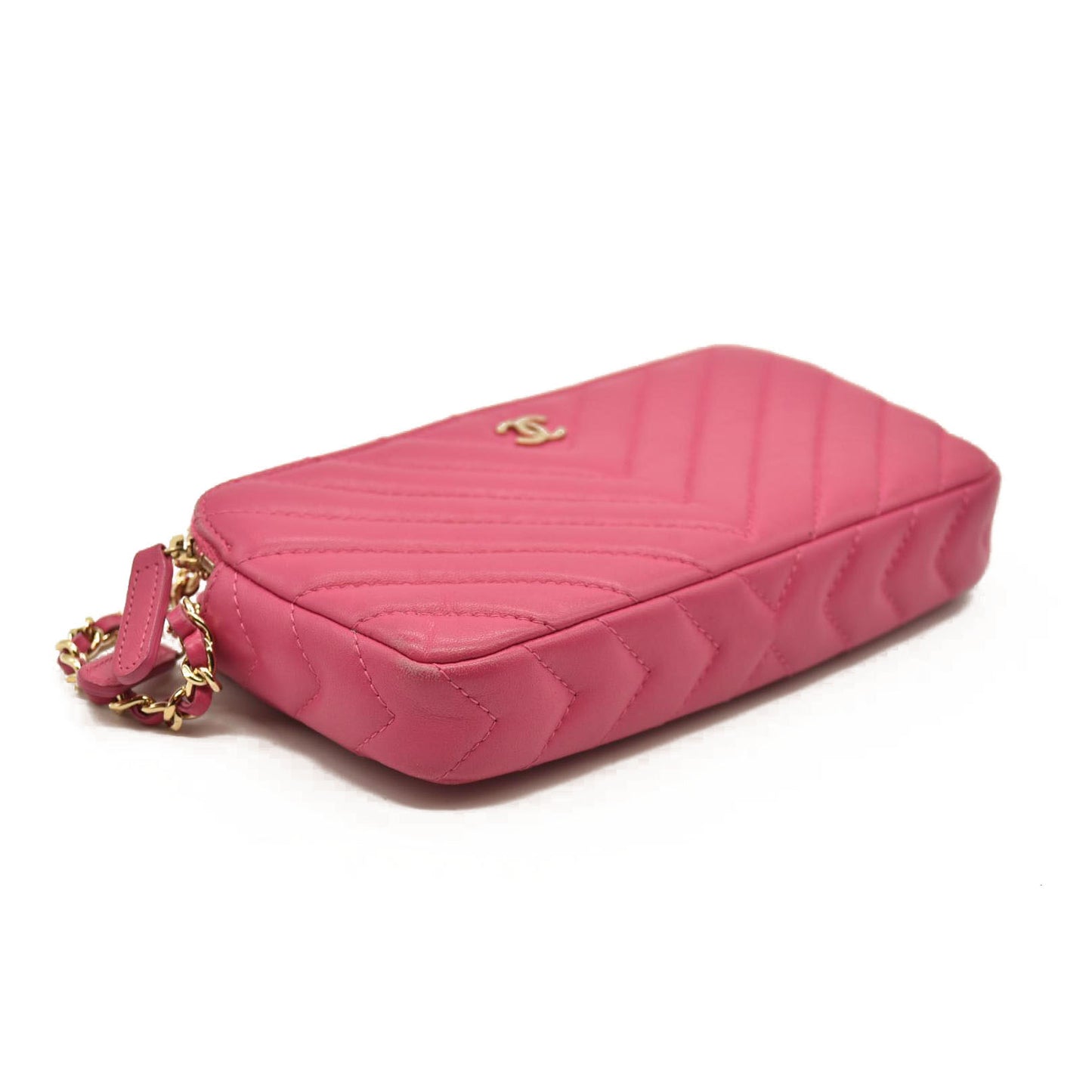 Chanel Lambskin Chevron Quilted Small Clutch With Chain Pink 23*