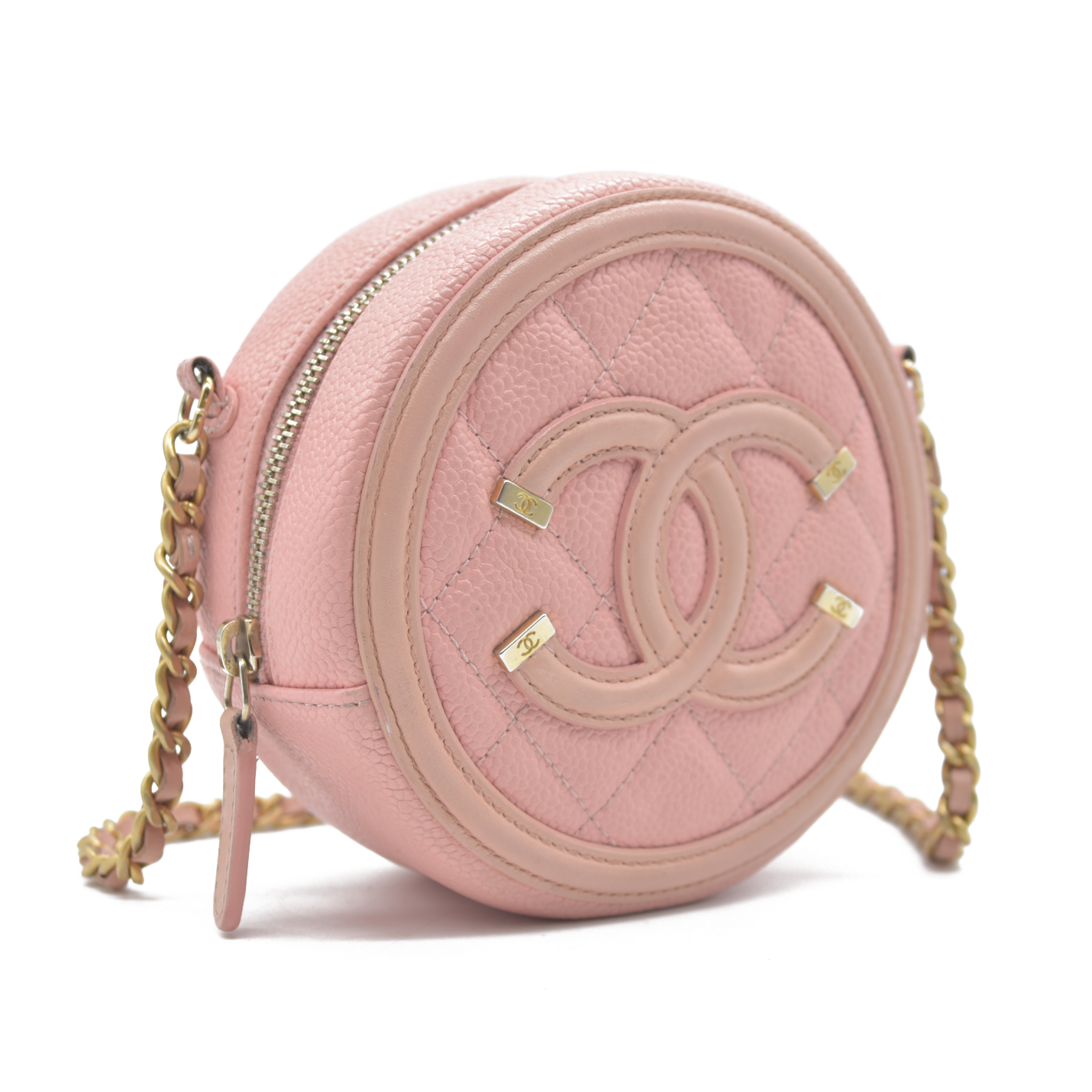 $2150 Chanel Caviar Quilted Round Filigree Crossbody Pink 2019