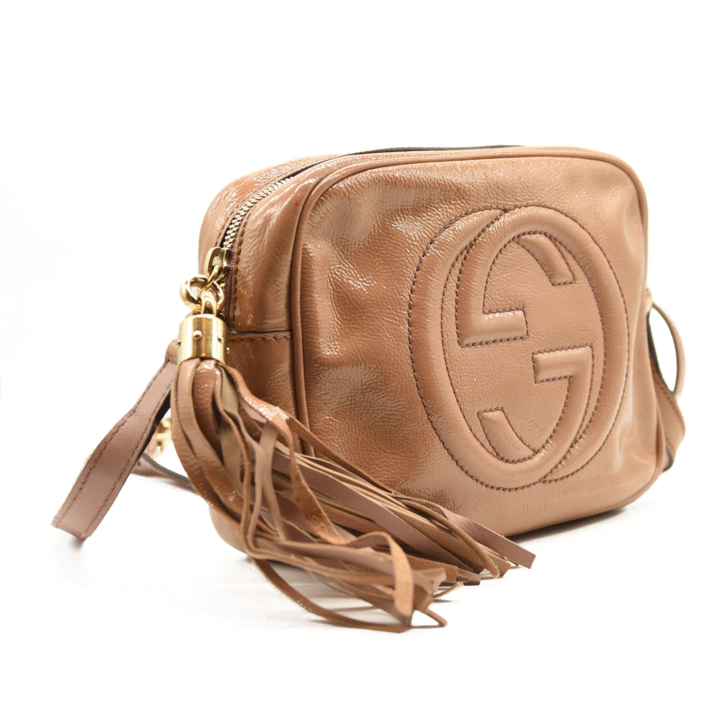 GUCCI Soft Patent Small Soho Disco Bag Dark Cipria