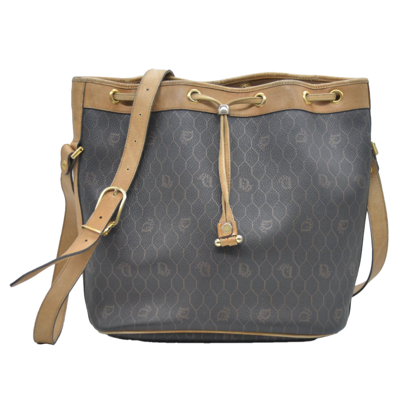 $1150 Christian Dior Vintage Coated Canvas Honeycomb Bucket Bag Tan Brown CONSIGNMENT