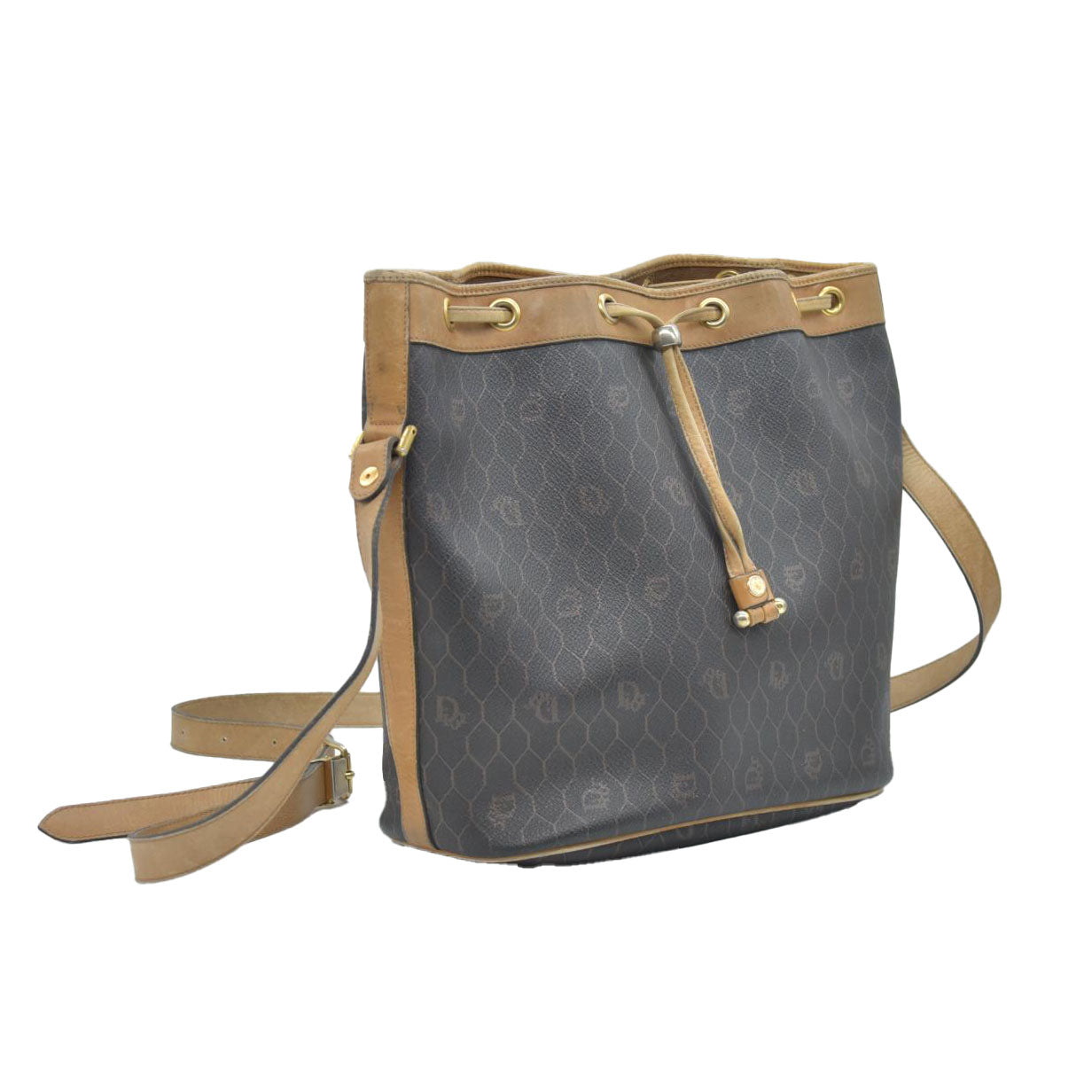 $1150 Christian Dior Vintage Coated Canvas Honeycomb Bucket Bag Tan Brown CONSIGNMENT