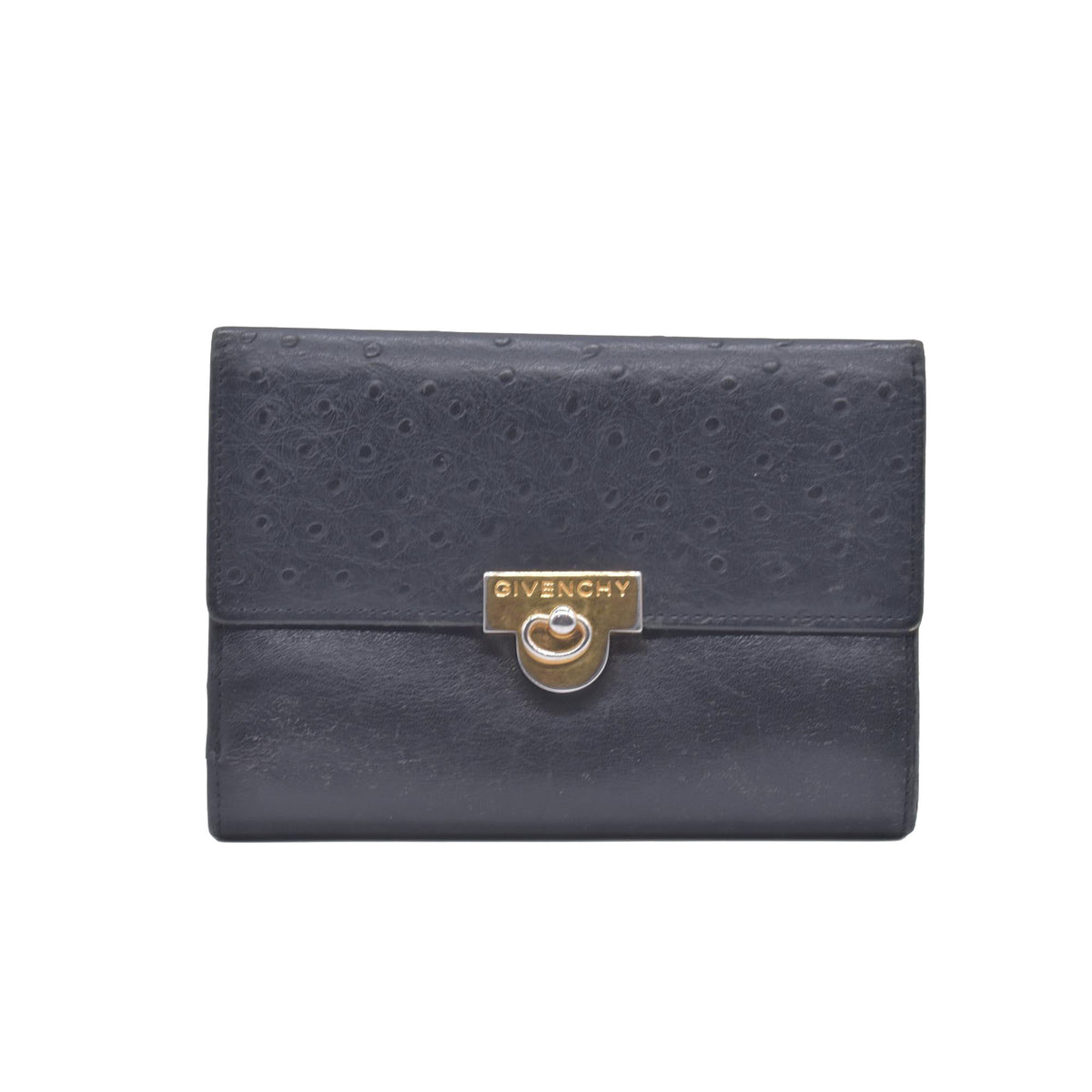 $590 Givenchy Black Ostrich-Effect Leather Clasp Wallet  CONSIGNMENT 10021039