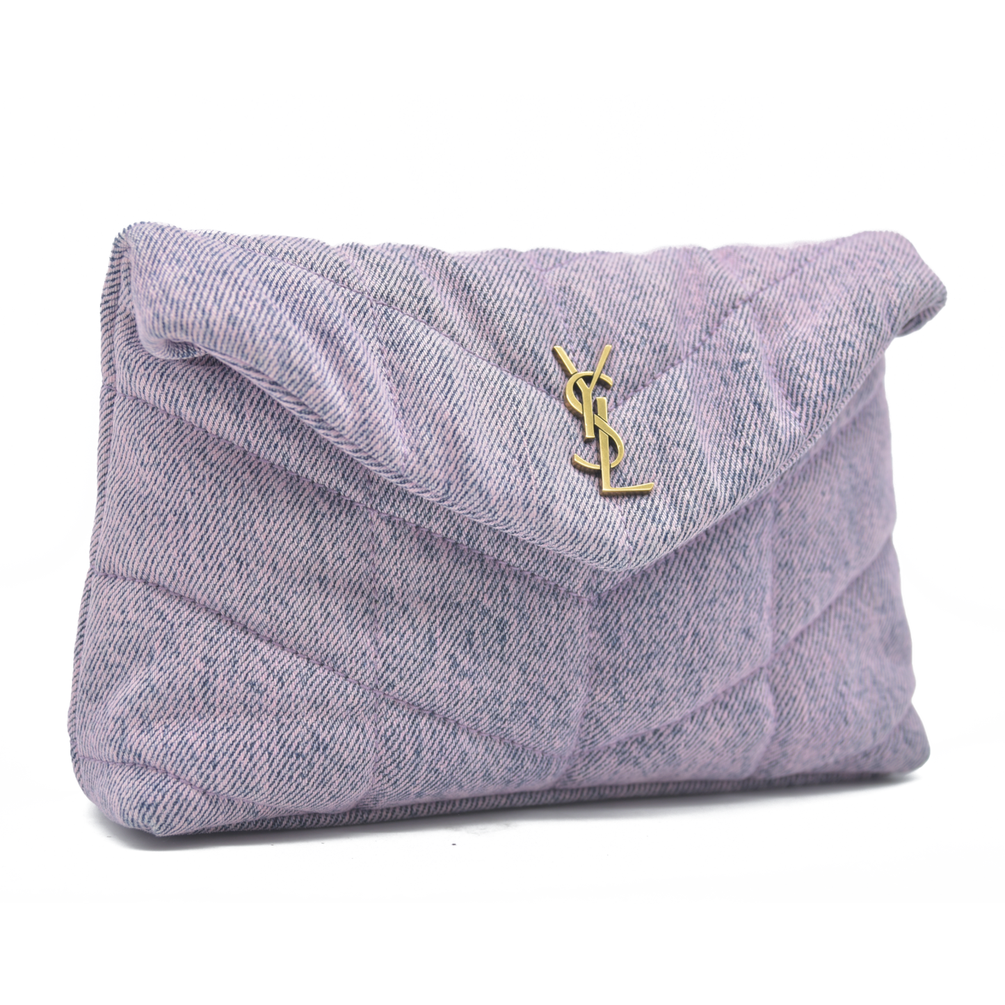 2022 $1000 Saint Laurent Denim Quilted Loulou Puffer Monogram Pouch Clutch Bleached Lilac