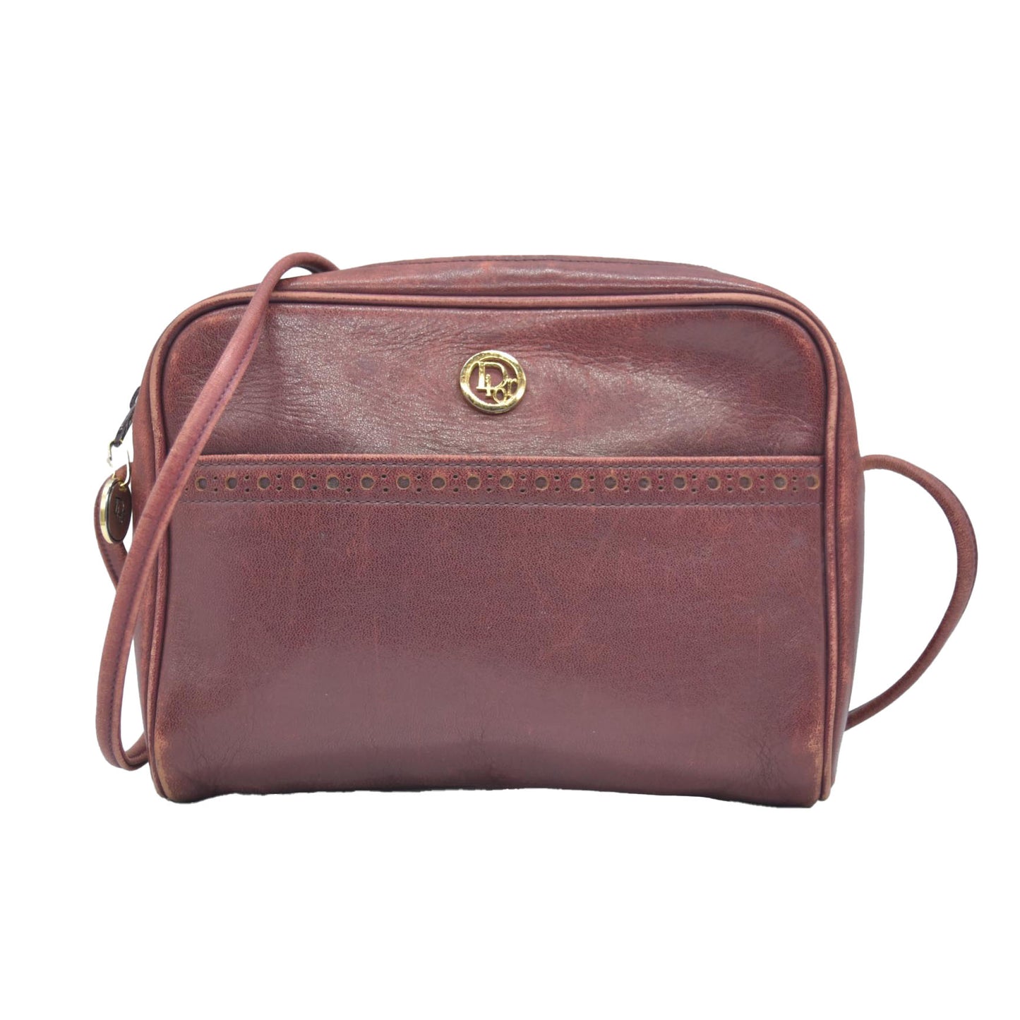 $1250 Christian Dior Vintage Smooth Leather Brogue Round Logo Camera Bag Burgundy CONSIGNMENT