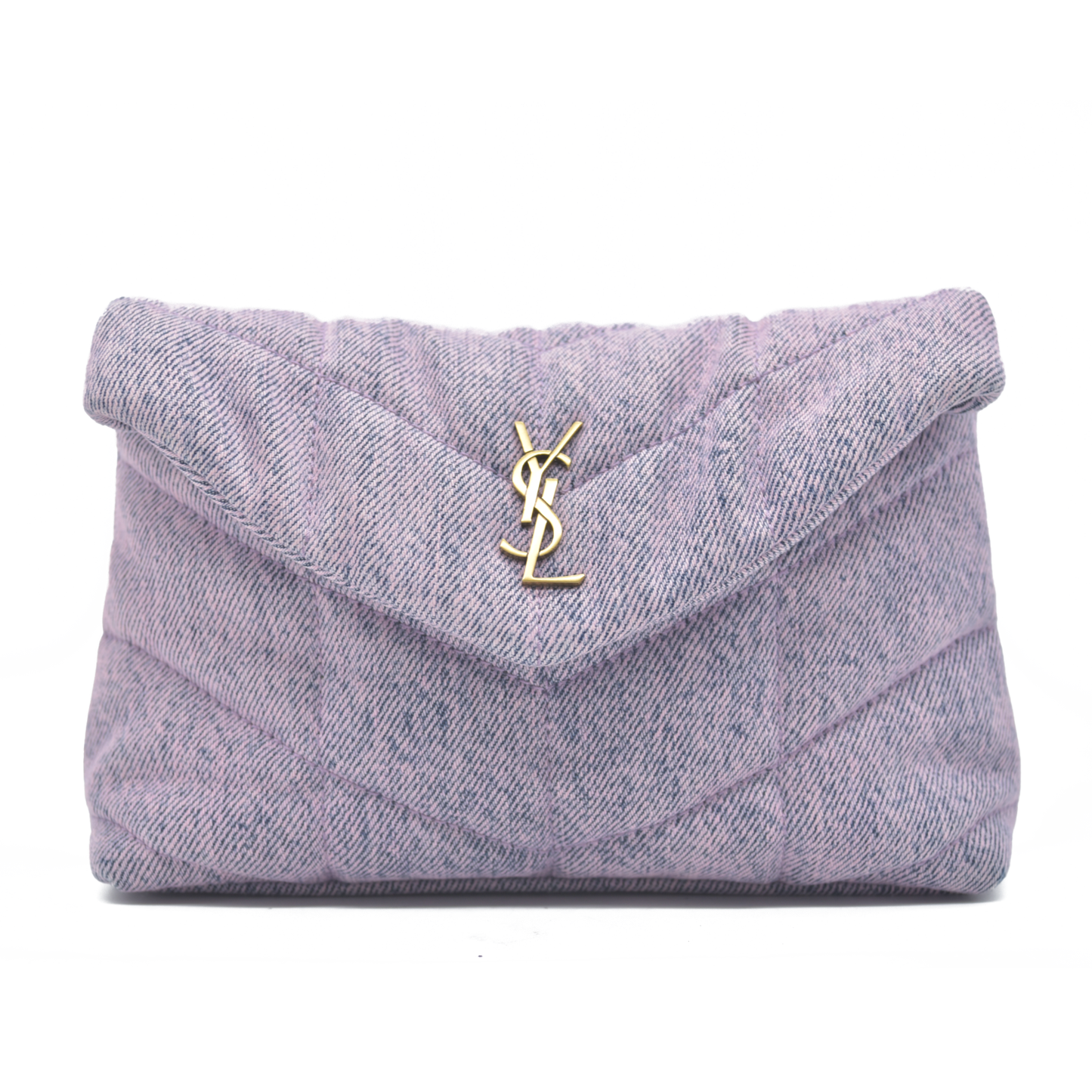 2022 $1000 Saint Laurent Denim Quilted Loulou Puffer Monogram Pouch Clutch Bleached Lilac