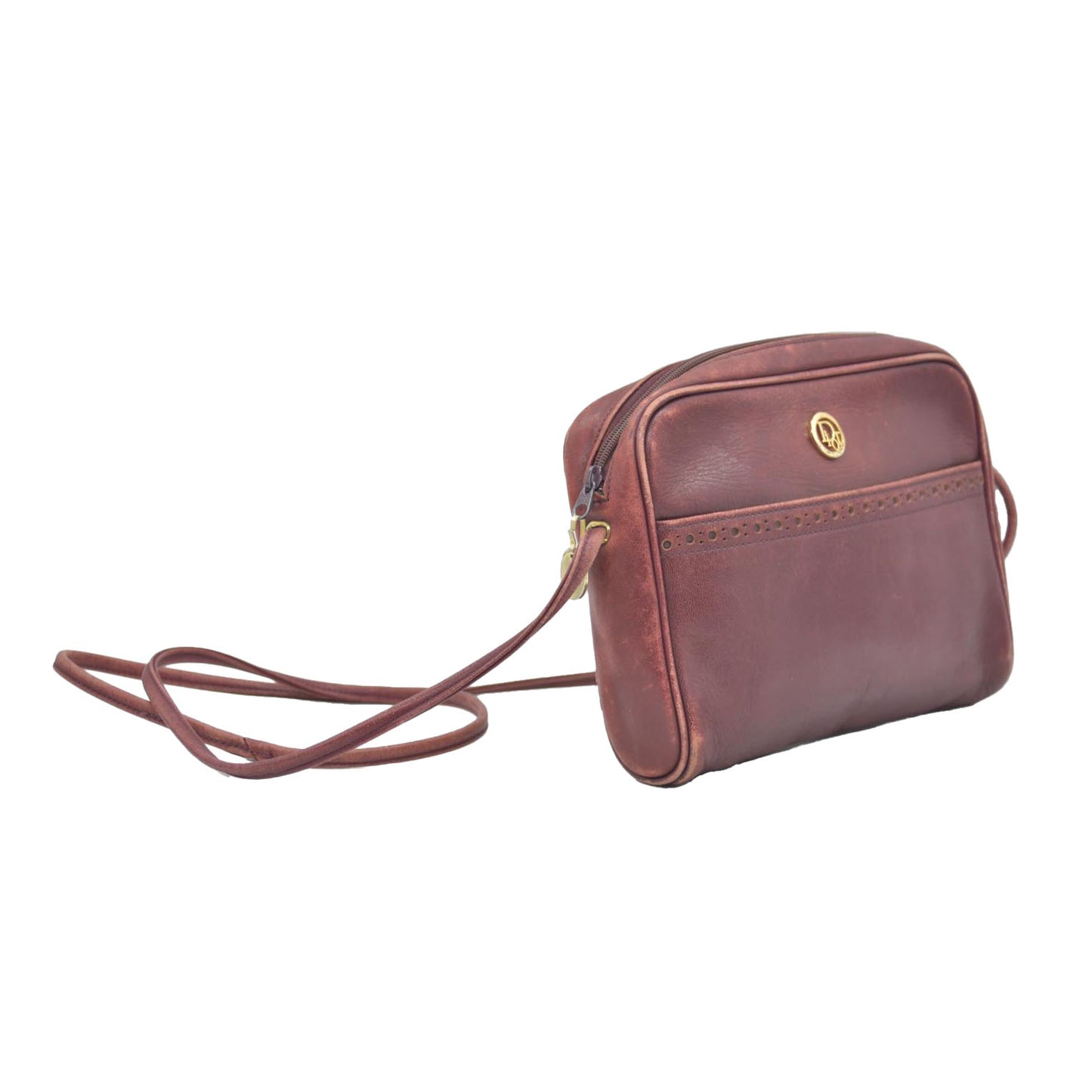 $1250 Christian Dior Vintage Smooth Leather Brogue Round Logo Camera Bag Burgundy CONSIGNMENT