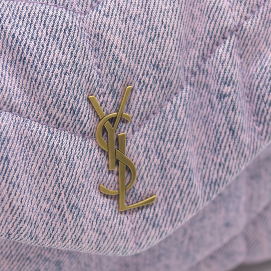 2022 $1000 Saint Laurent Denim Quilted Loulou Puffer Monogram Pouch Clutch Bleached Lilac