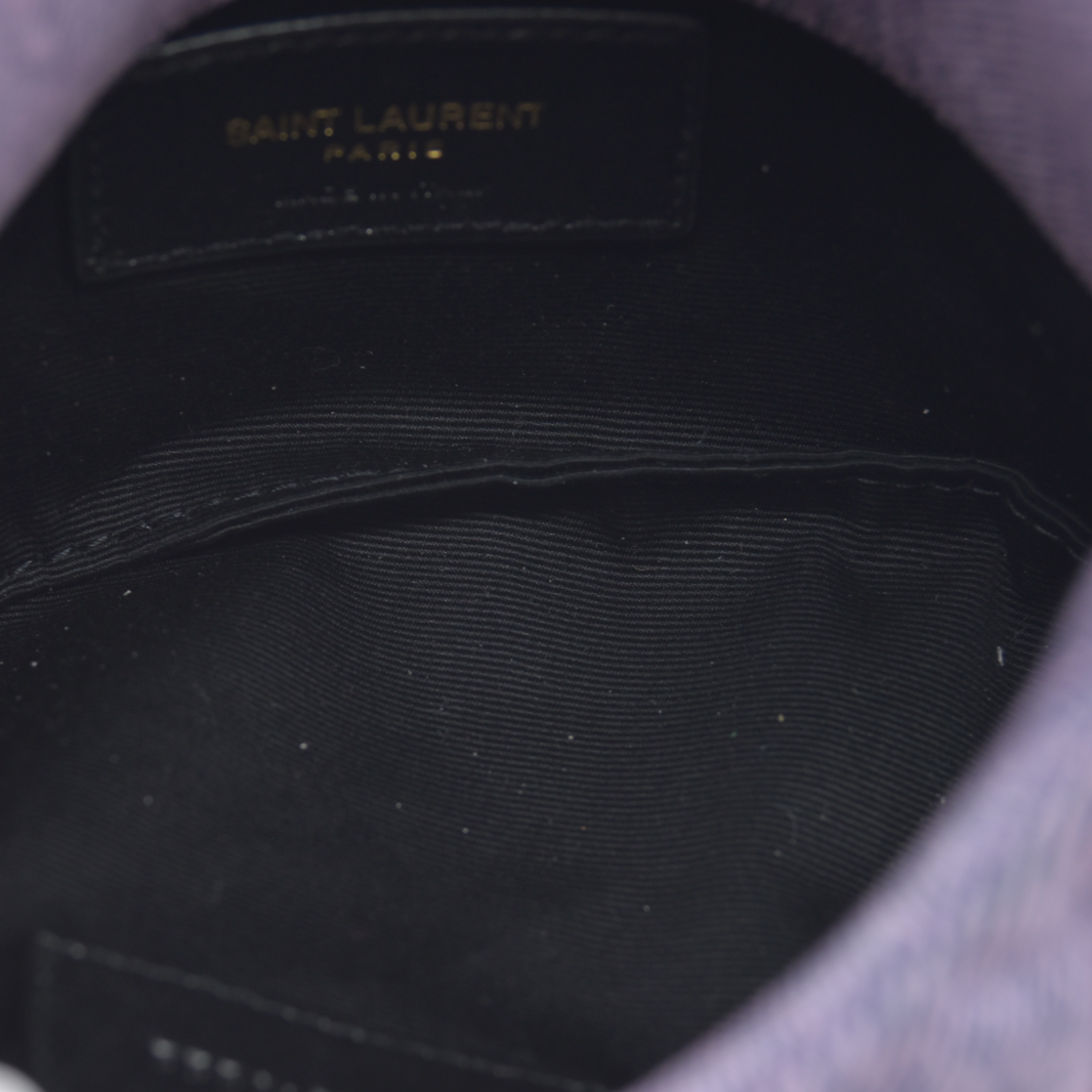 2022 $1000 Saint Laurent Denim Quilted Loulou Puffer Monogram Pouch Clutch Bleached Lilac