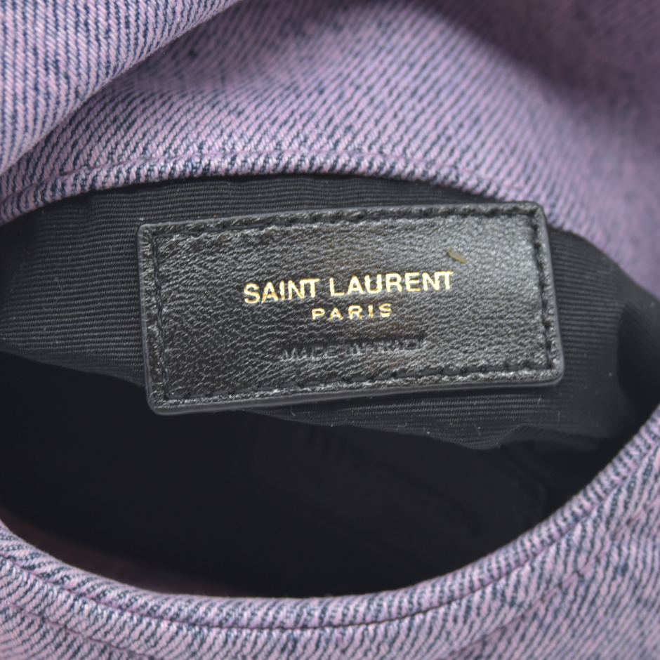 2022 $1000 Saint Laurent Denim Quilted Loulou Puffer Monogram Pouch Clutch Bleached Lilac