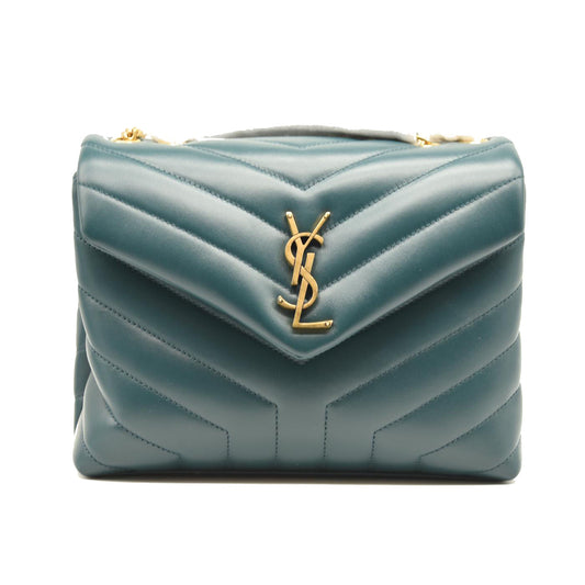 NEW SAINT LAURENT Calfskin Y Quilted Monogram Small Loulou Chain Satchel Turquoise