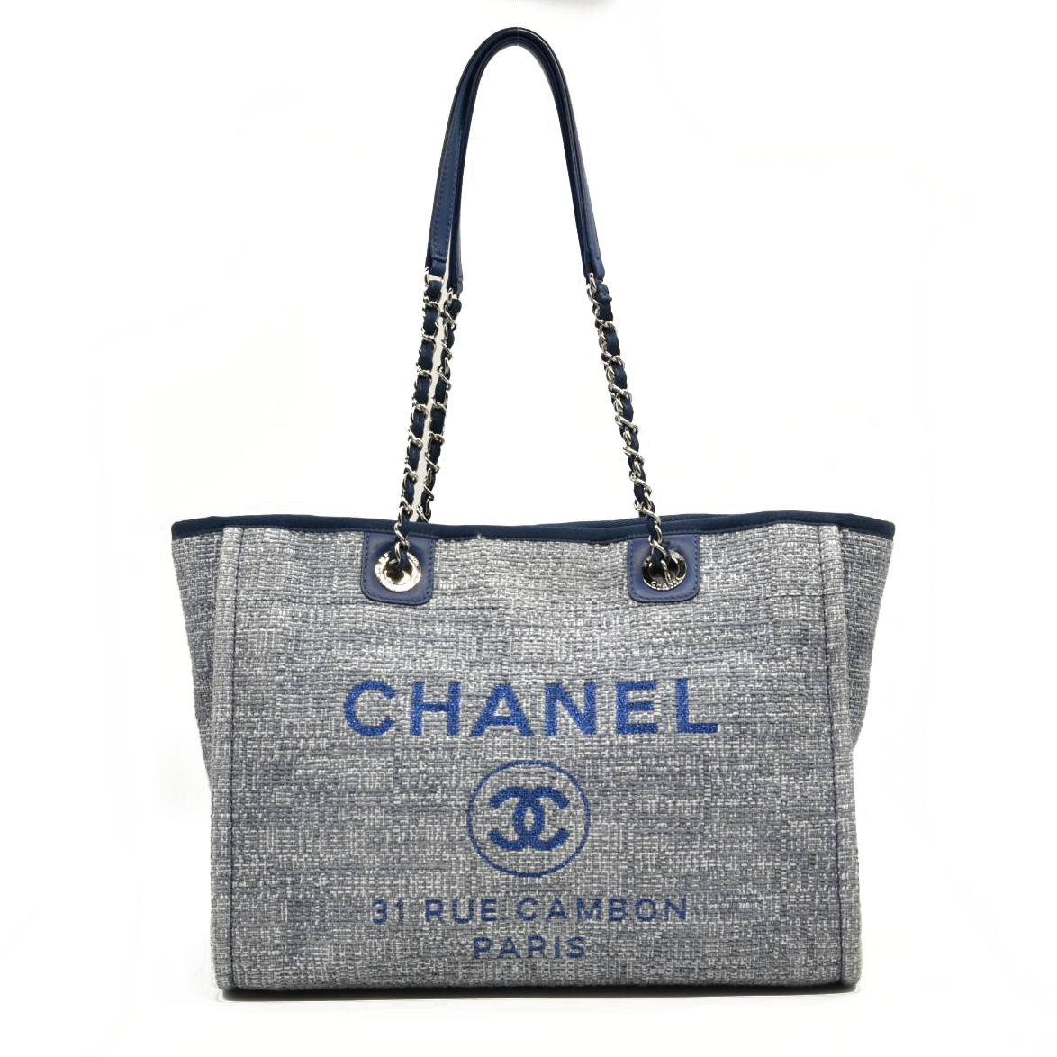 CHANEL Woven Straw Raffia Medium Deauville Tote Blue 25*
