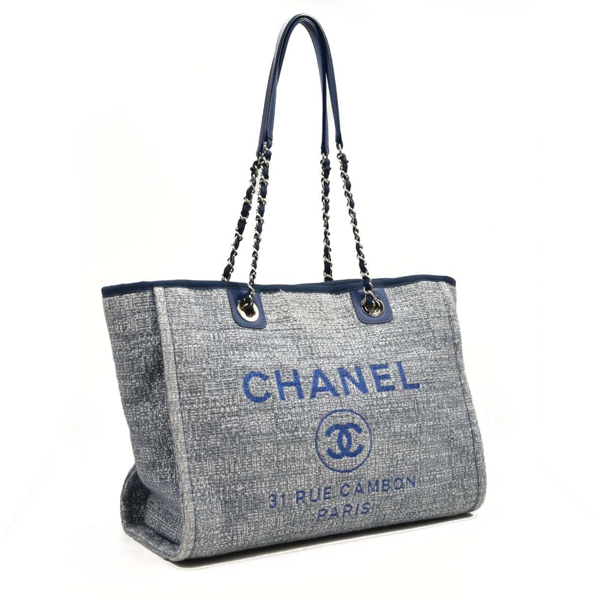 CHANEL Woven Straw Raffia Medium Deauville Tote Blue 25*