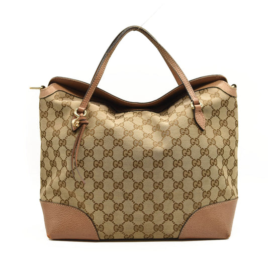 GUCCI Monogram Textured Calfskin Medium Bree Foldover Tote Beige Ebony Nocciola