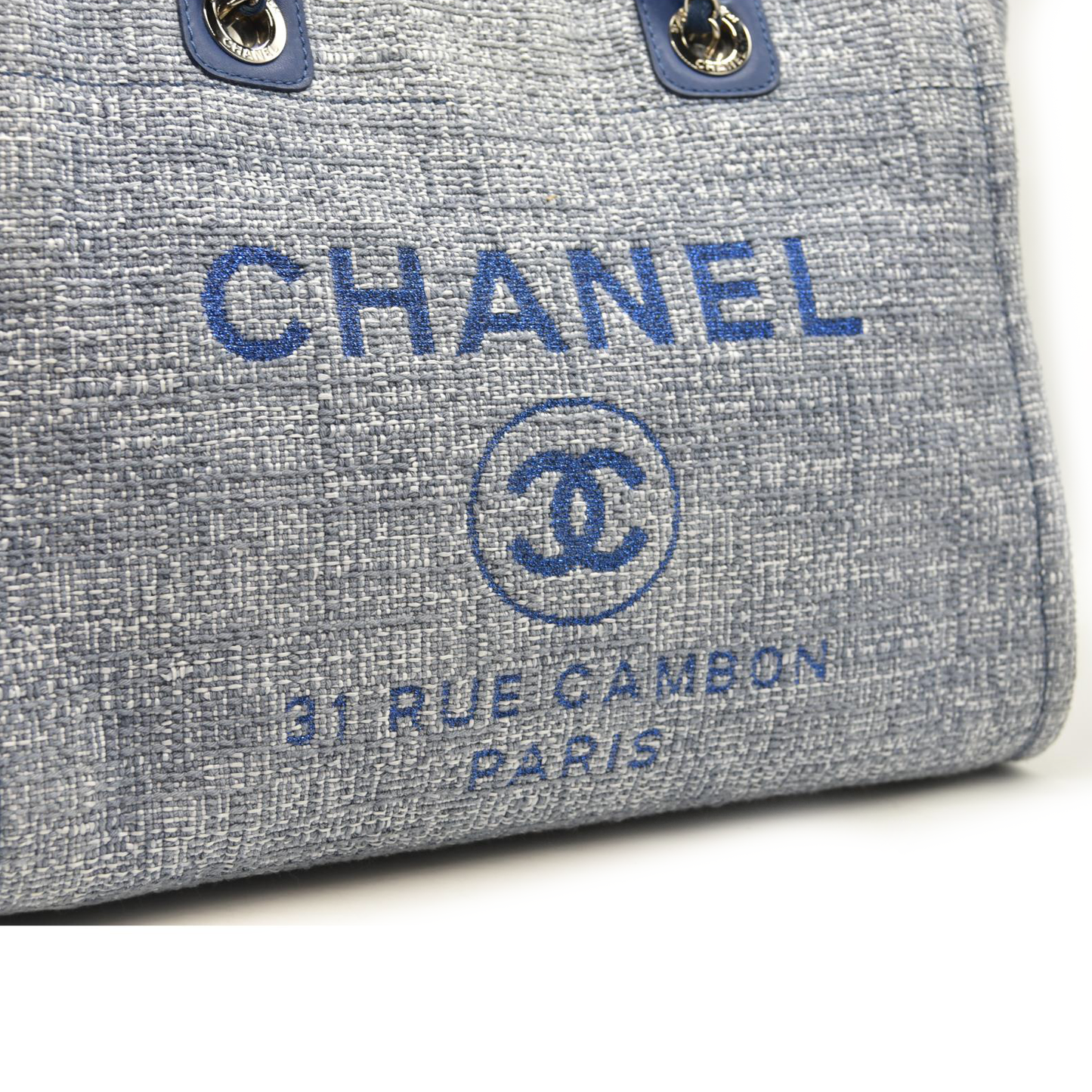 CHANEL Woven Straw Raffia Medium Deauville Tote Blue 25*