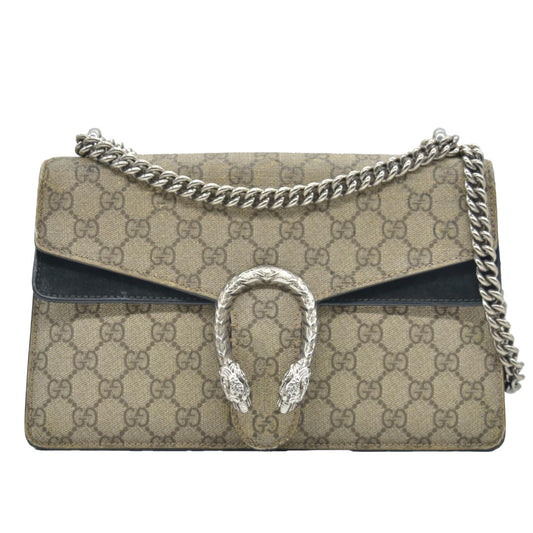 $3350 GUCCI GG Supreme Monogram Suede Small Dionysus Shoulder Bag Beige Black