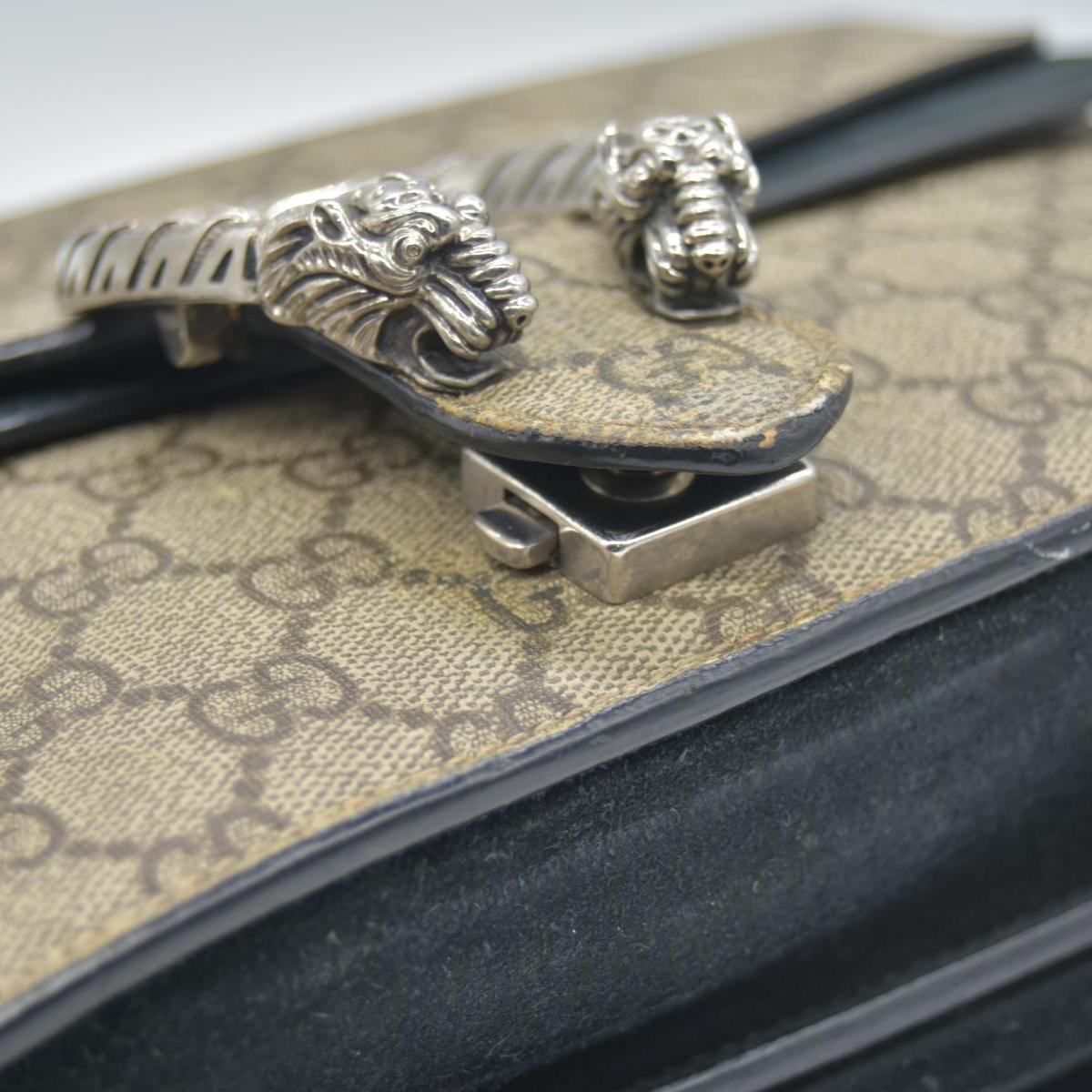 $3350 GUCCI GG Supreme Monogram Suede Small Dionysus Shoulder Bag Beige Black