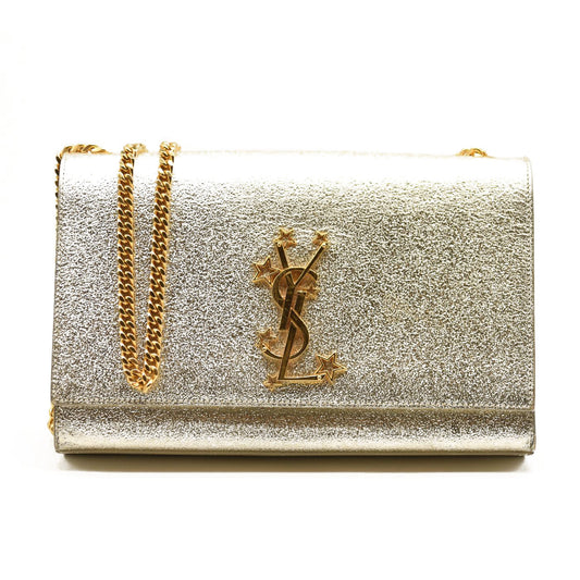 SAINT LAURENT Metallic Calfskin Medium Classic Star Motif Monogram Kate Satchel Pale Gold