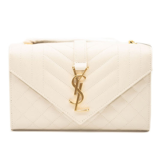 NEW Saint Laurent Monogram Small Envelope Leather Wallet On Chain Mixed Matelasse White