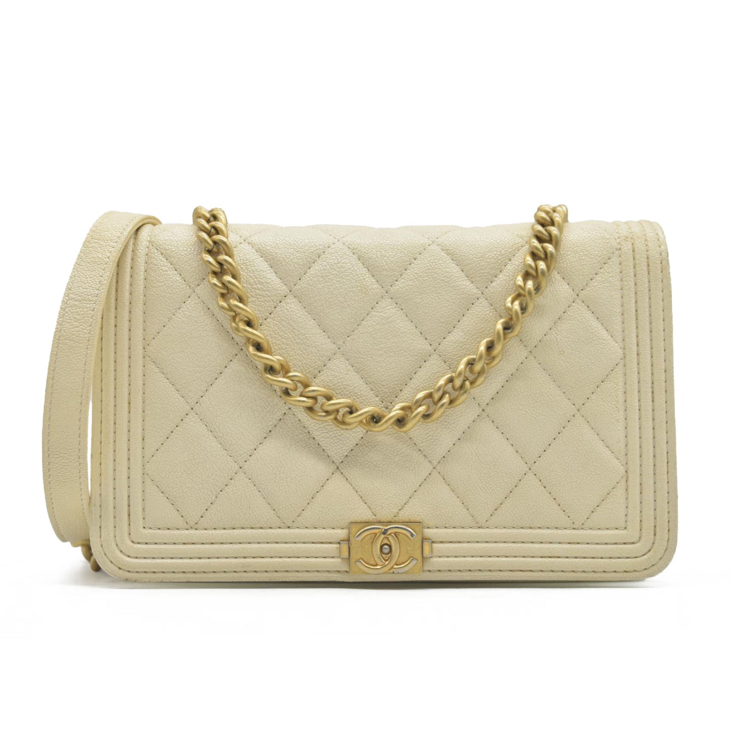 $3425 Chanel Caviar Quilted Boy Wallet On Chain WOC White