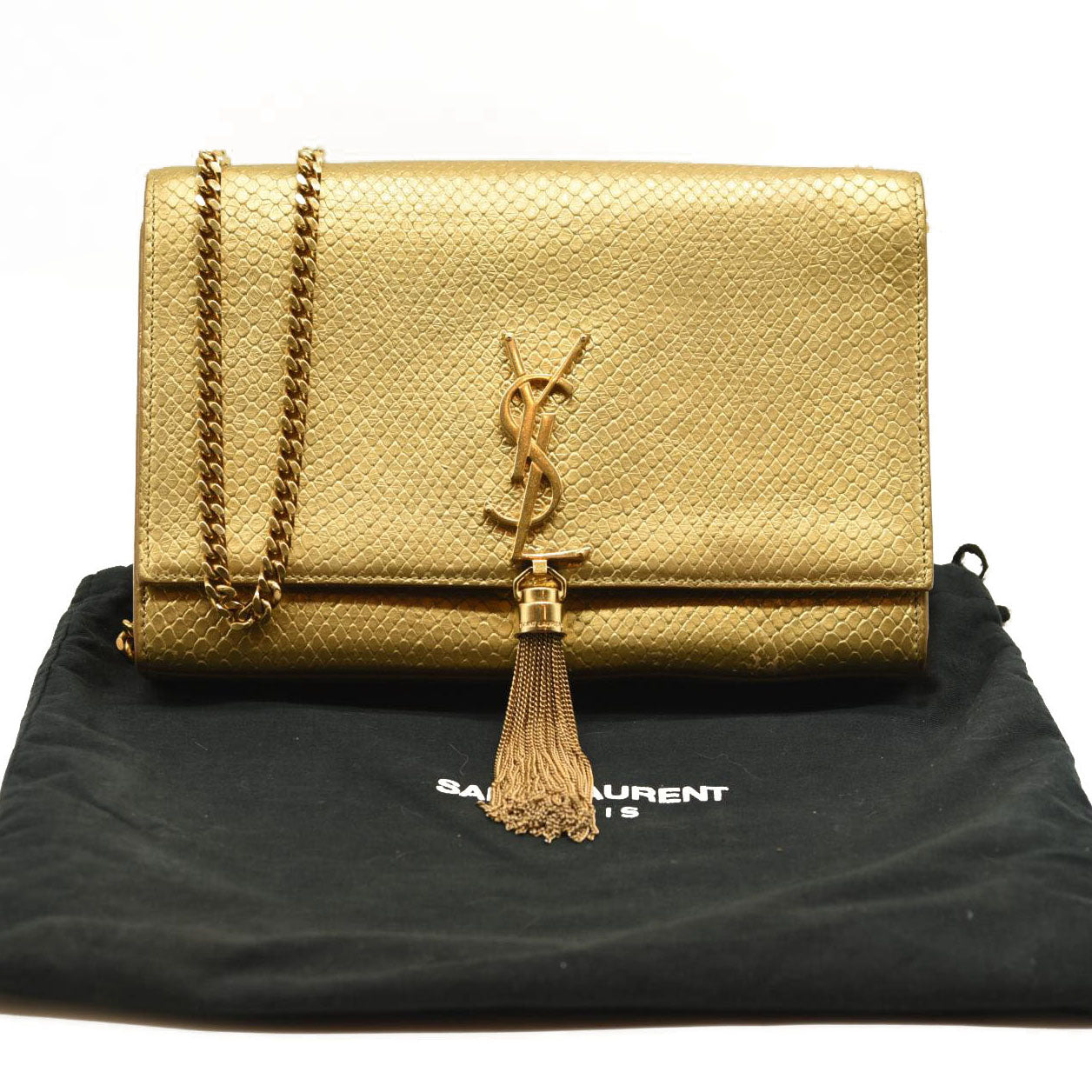 Saint Laurent Metallic Python Embossed Medium Classic Monogram Kate Tassel Satchel Gold