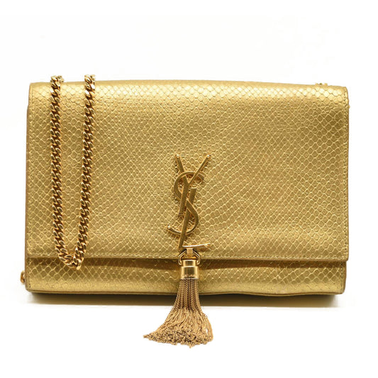 Saint Laurent Metallic Python Embossed Medium Classic Monogram Kate Tassel Satchel Gold