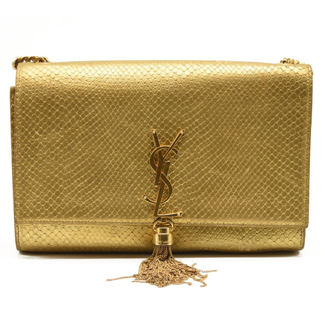 Saint Laurent Metallic Python Embossed Medium Classic Monogram Kate Tassel Satchel Gold